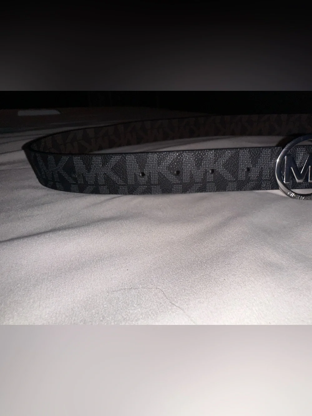 Michael Kors Black Signature Logo Belt with Silver MK Round Buckle